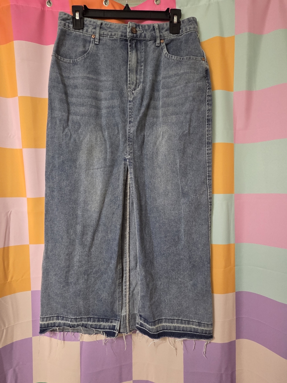 High-Waist Blue Denim Maxi Skirt with Front Slit